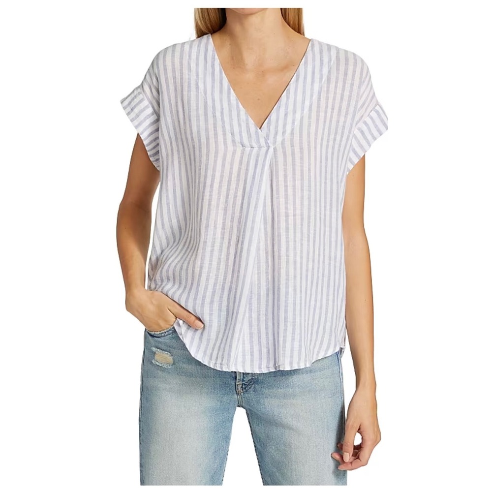 Rails Nala Linen Blend Striped V-Neck Blouse Blue White Large